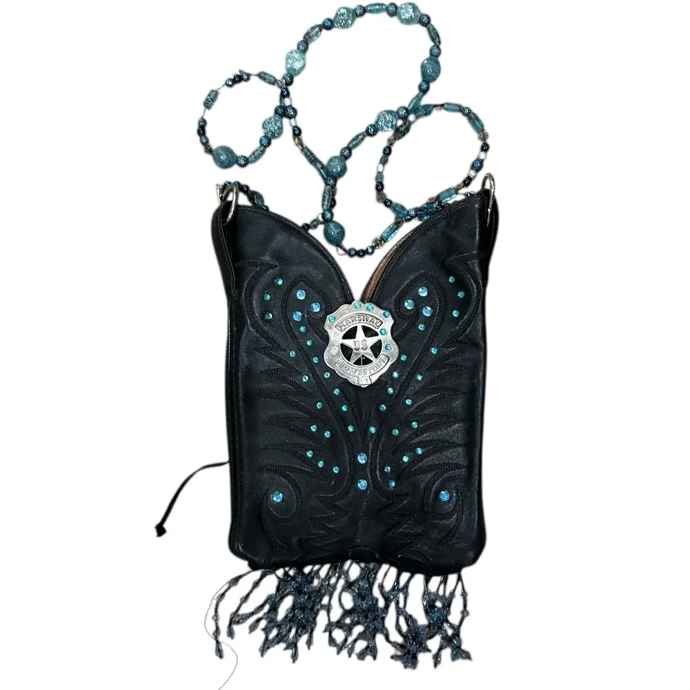 Handmade Western Cowboy Black Boot Leather Crossbody Bag Beaded Strap & Fringe